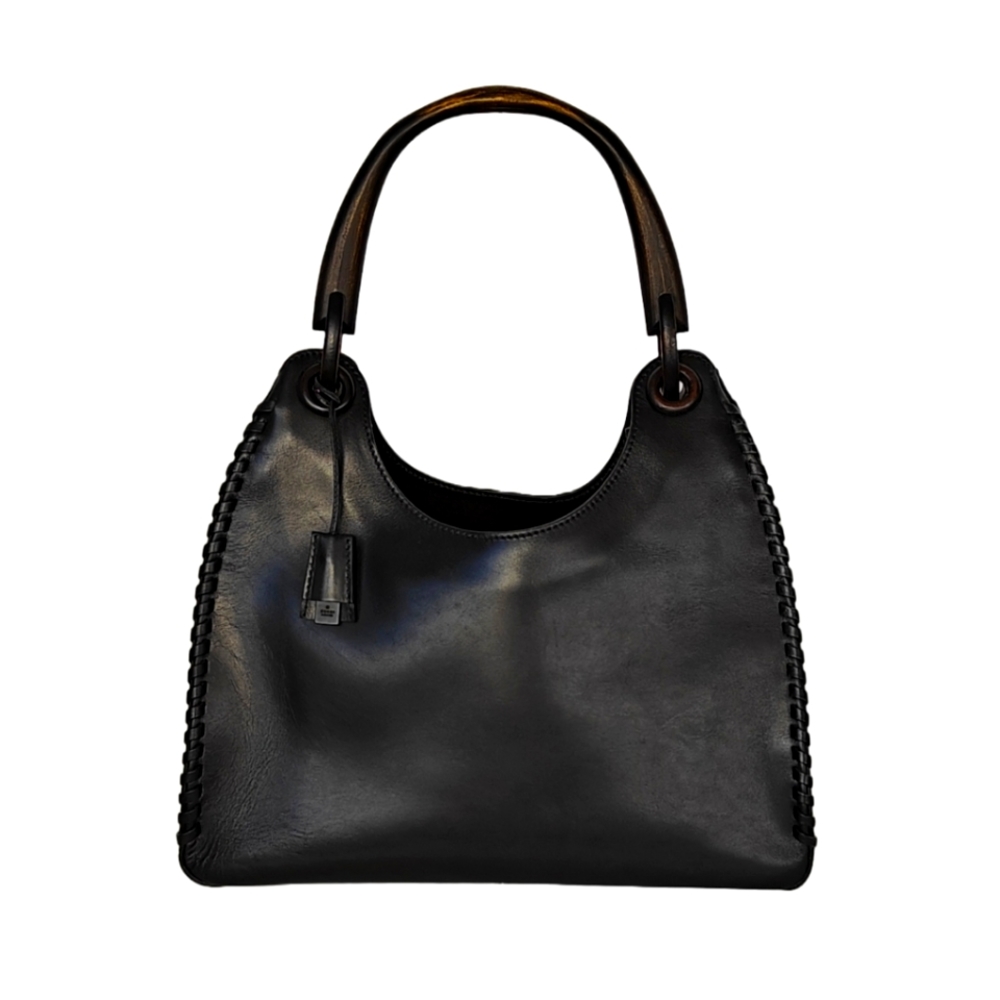 Tom Ford for Gucci Black Leather Whipstitch Wood Handle Colbert Bag EUC